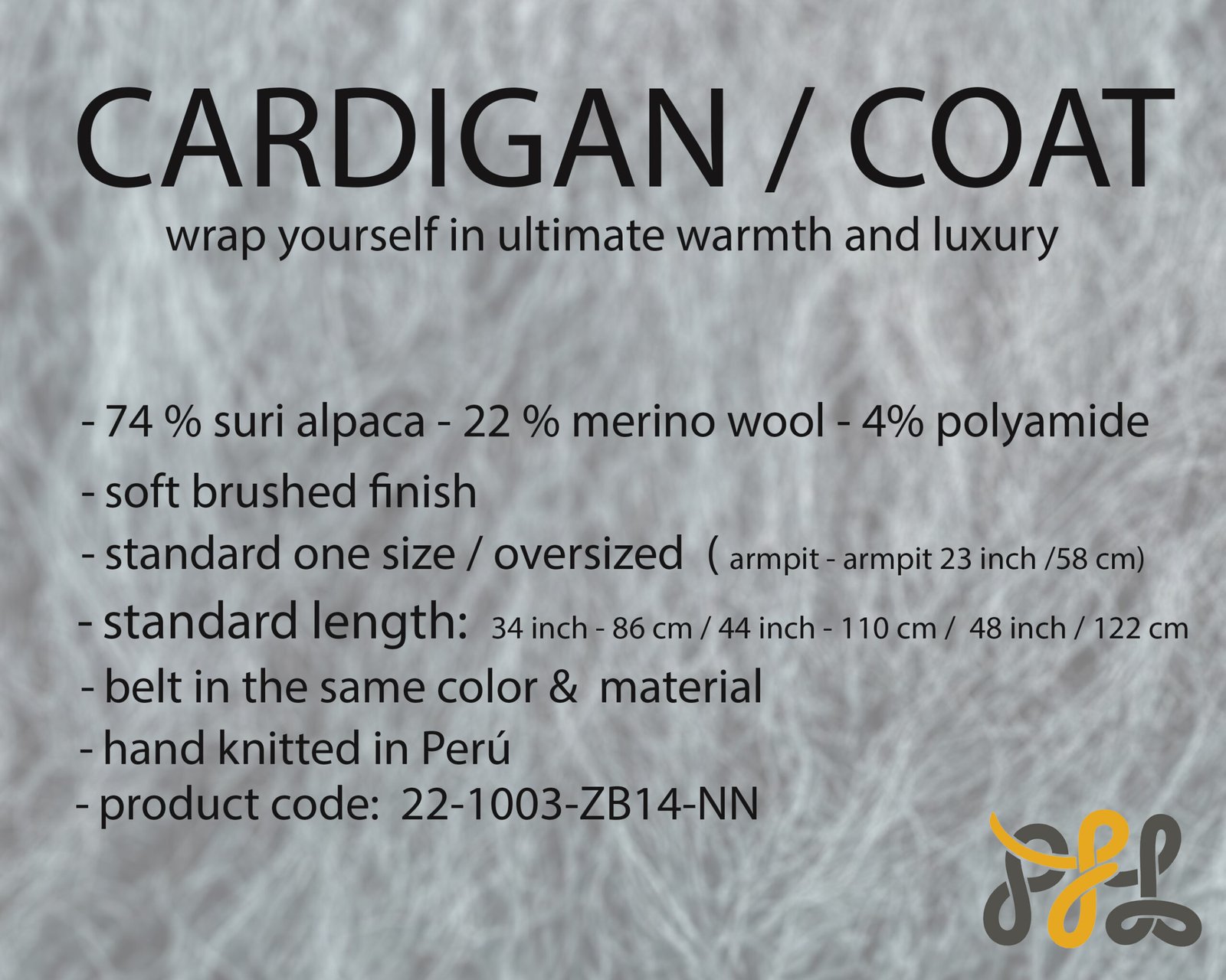 Cardigan Coat Suri Alpaca Oversized Shawl Collar Hand Knitted color Gray Made in Peru by PFL knitwear.