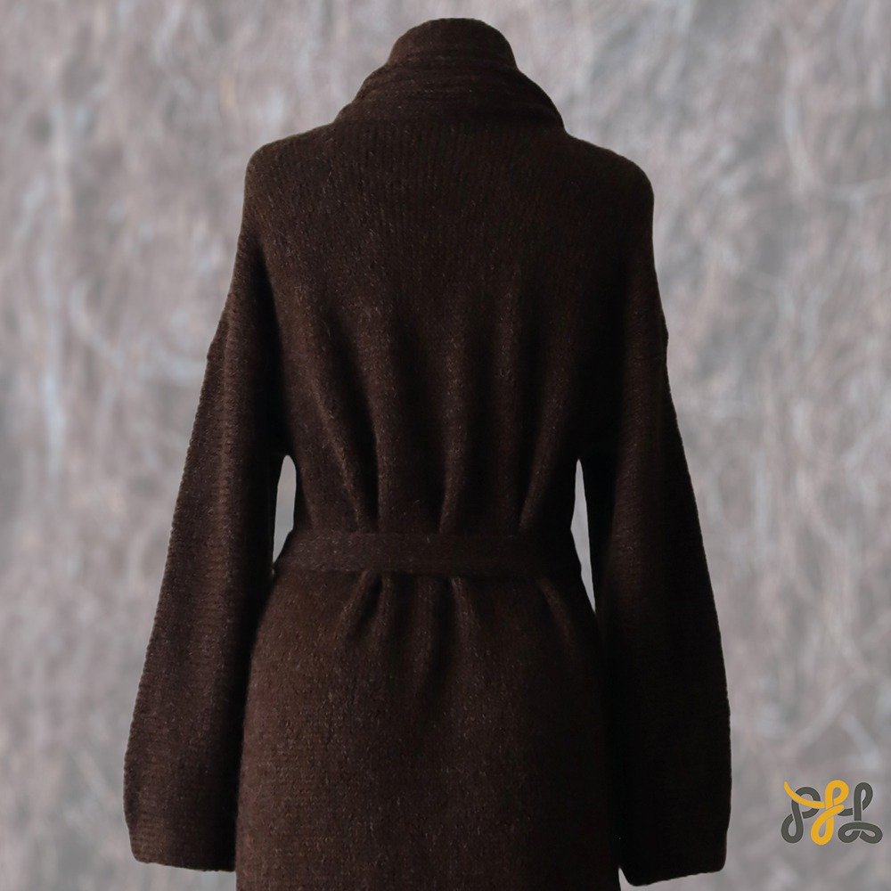 Cardigan Coat Suri Alpaca Oversized Shawl Collar Hand Knitted color brown. Made in Peru by PFL knitwear.