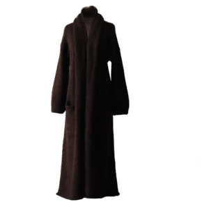 Cardigan Coat Suri Alpaca Oversized Shawl Collar Hand Knitted color brown. Made in Peru by PFL knitwear.