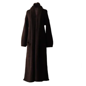 Cardigan Coat Suri Alpaca Oversized Shawl Collar Hand Knitted color brown. Made in Peru by PFL knitwear.