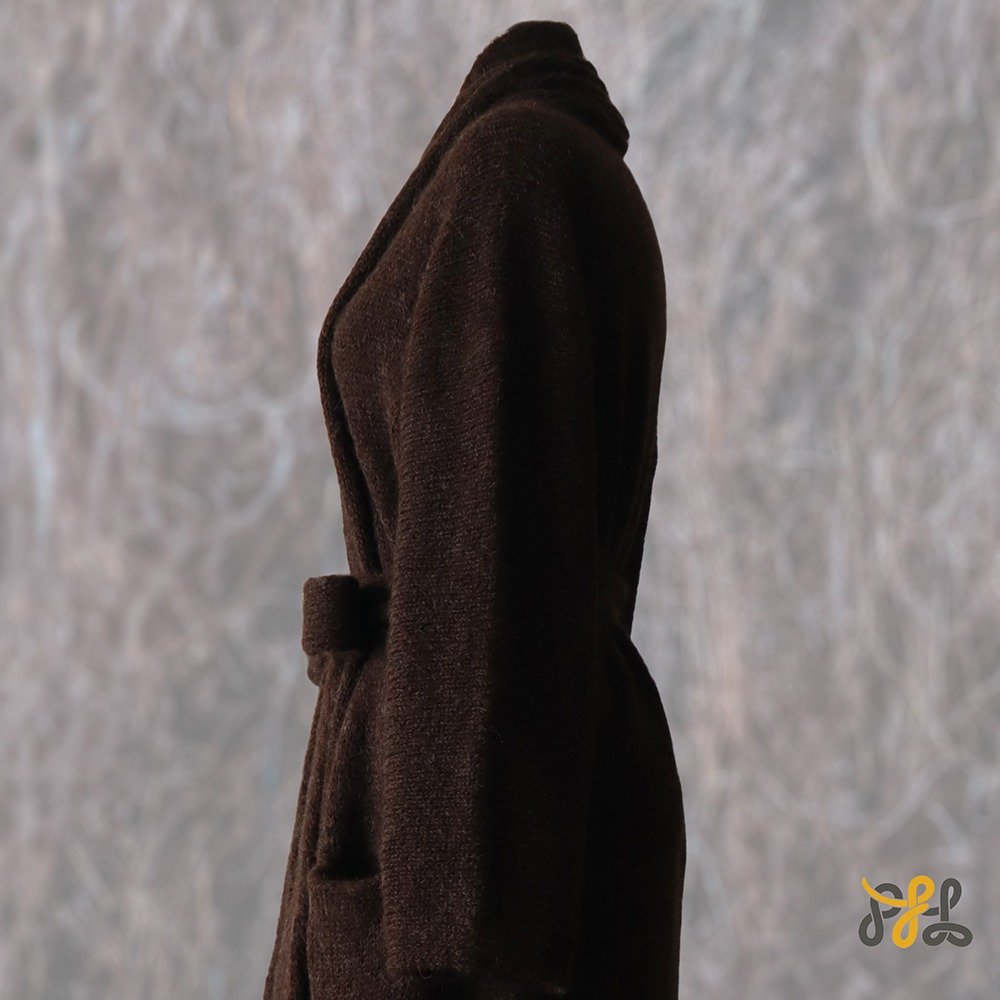 Cardigan Coat Suri Alpaca Oversized Shawl Collar Hand Knitted color brown. Made in Peru by PFL knitwear.