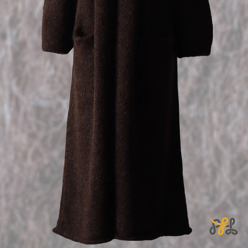 Cardigan Coat Suri Alpaca Oversized Shawl Collar Hand Knitted color brown. Made in Peru by PFL knitwear.