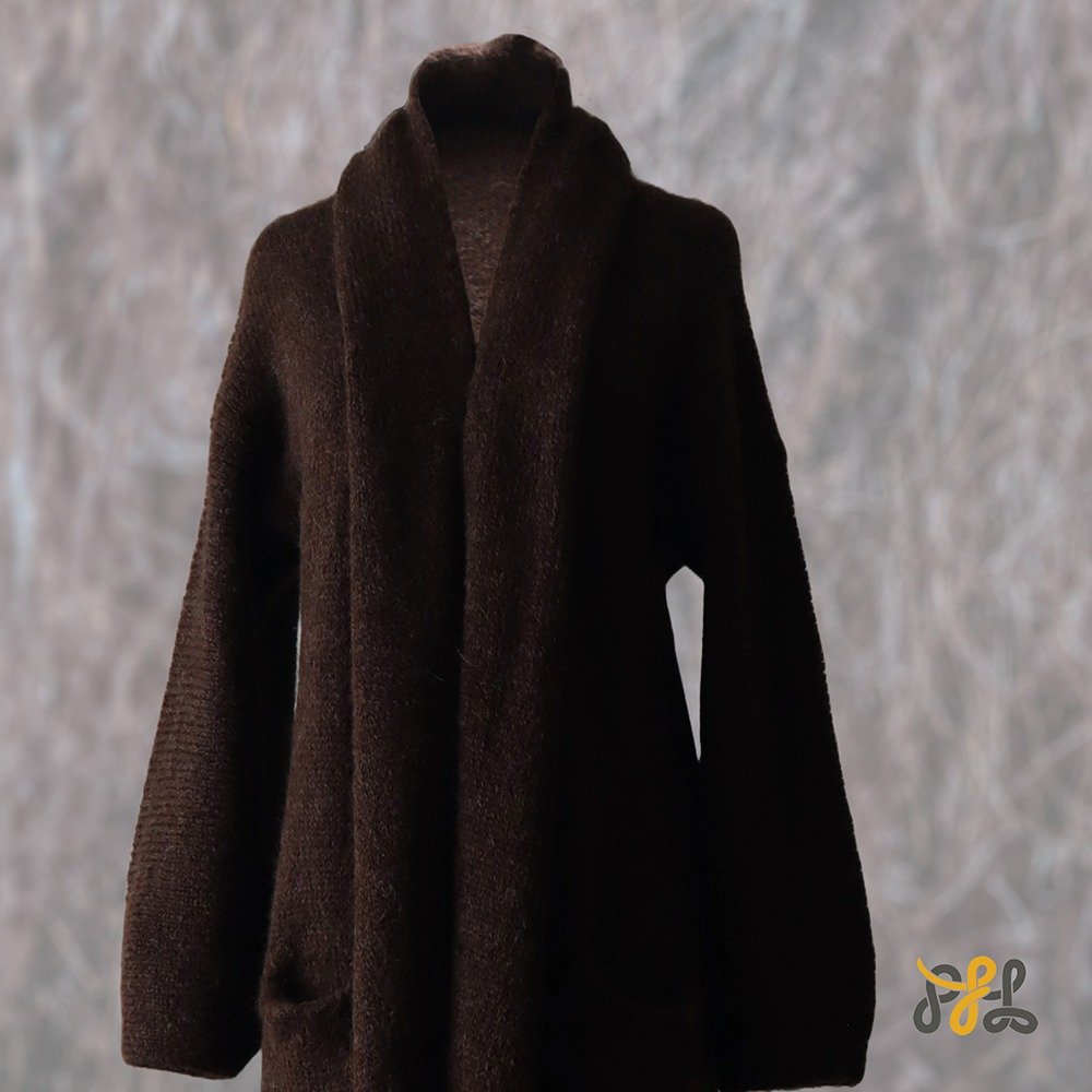 Cardigan Coat Suri Alpaca Oversized Shawl Collar Hand Knitted color brown. Made in Peru by PFL knitwear.