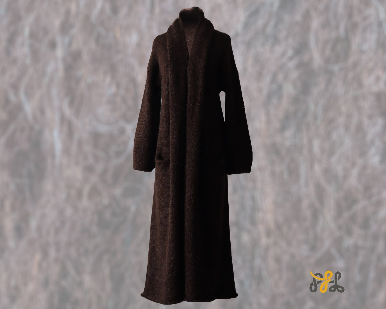 Cardigan Coat Suri Alpaca Oversized Shawl Collar Hand Knitted color brown. Made in Peru by PFL knitwear.