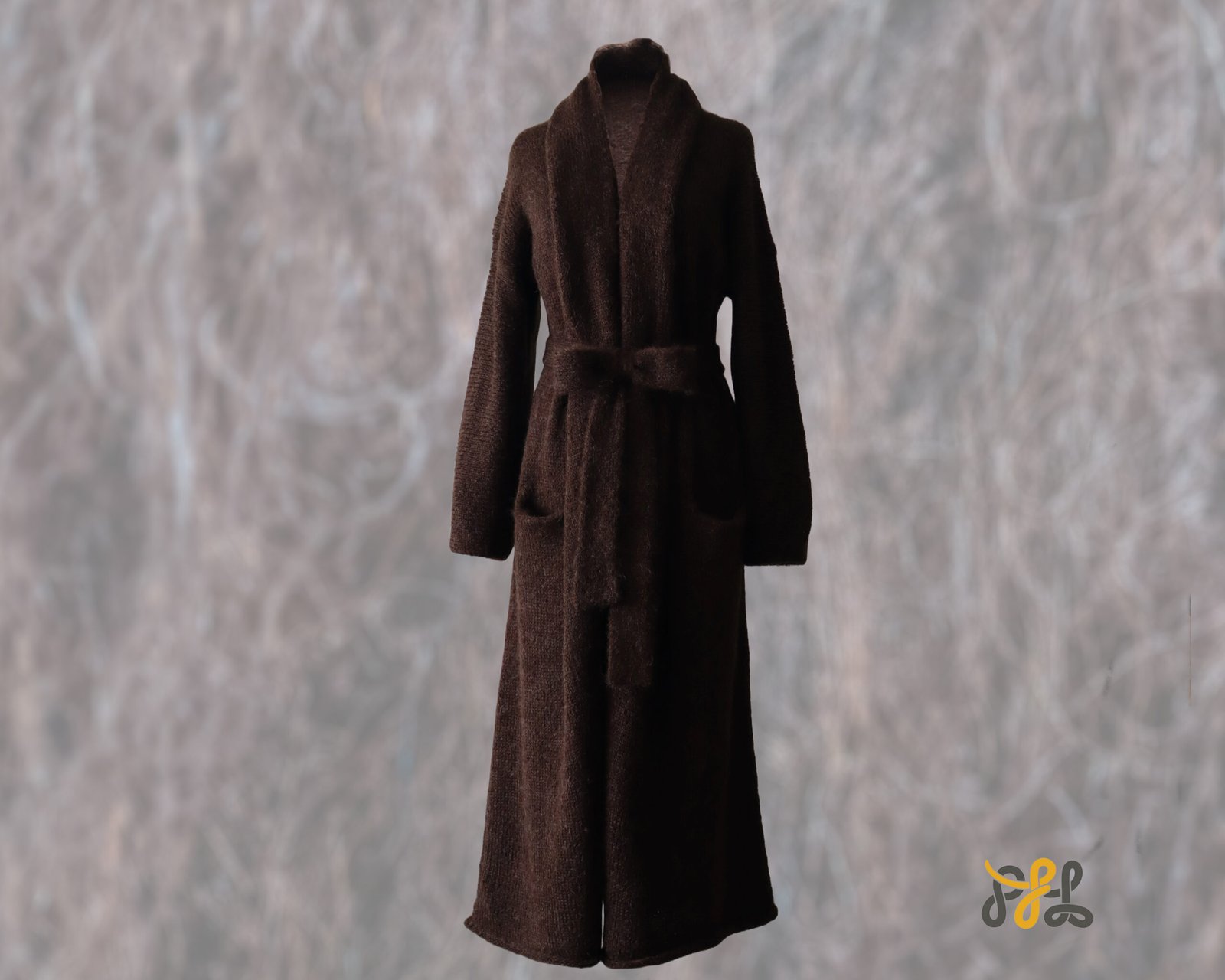 Cardigan Coat Suri Alpaca Oversized Shawl Collar Hand Knitted color brown. Made in Peru by PFL knitwear.