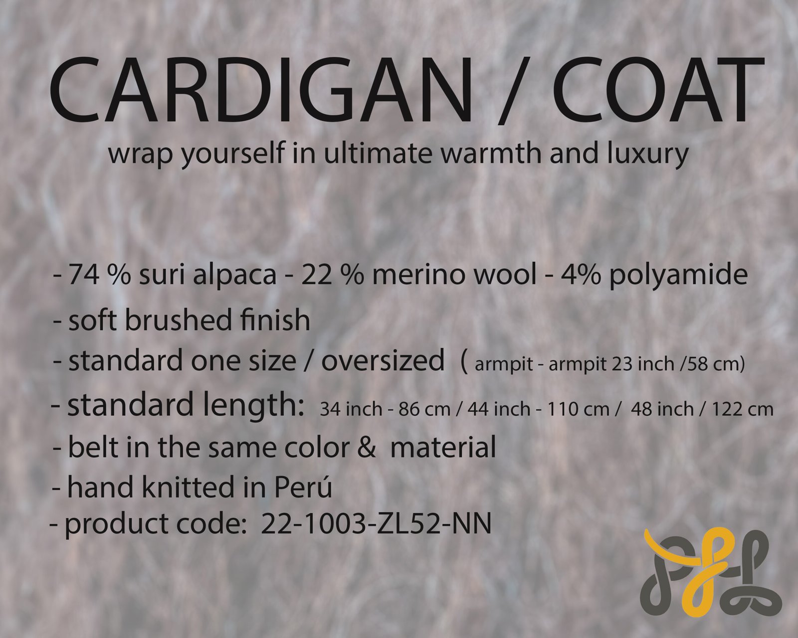 Cardigan Coat Suri Alpaca Oversized Shawl Collar Hand Knitted color brown. Made in Peru by PFL knitwear.