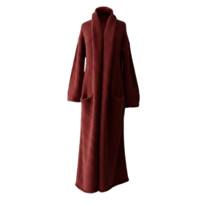 Cardigan Coat Suri Alpaca Oversized Shawl Collar Hand Knitted color scarlet red. Made in Peru by PFL knitwear