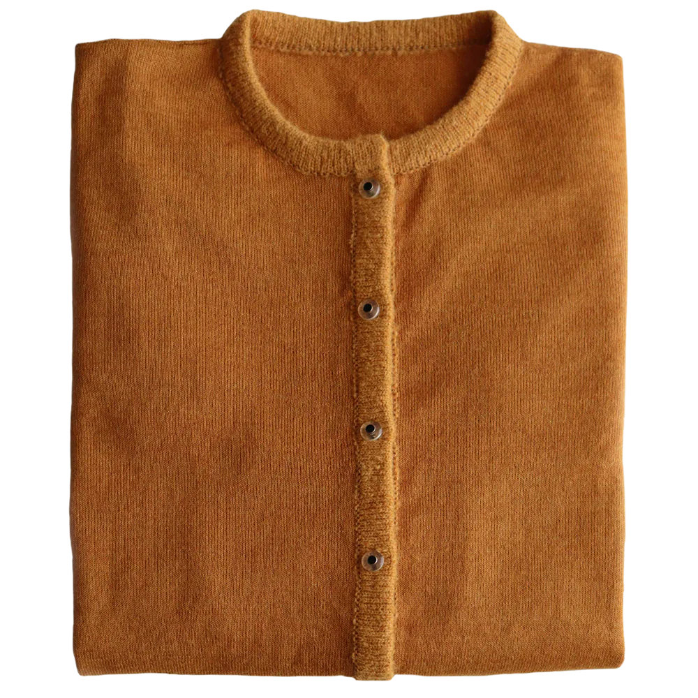 Cardigan baby alpaca, vest with button closure and crew neck color Ochre. made in Peru by PFL knitwear