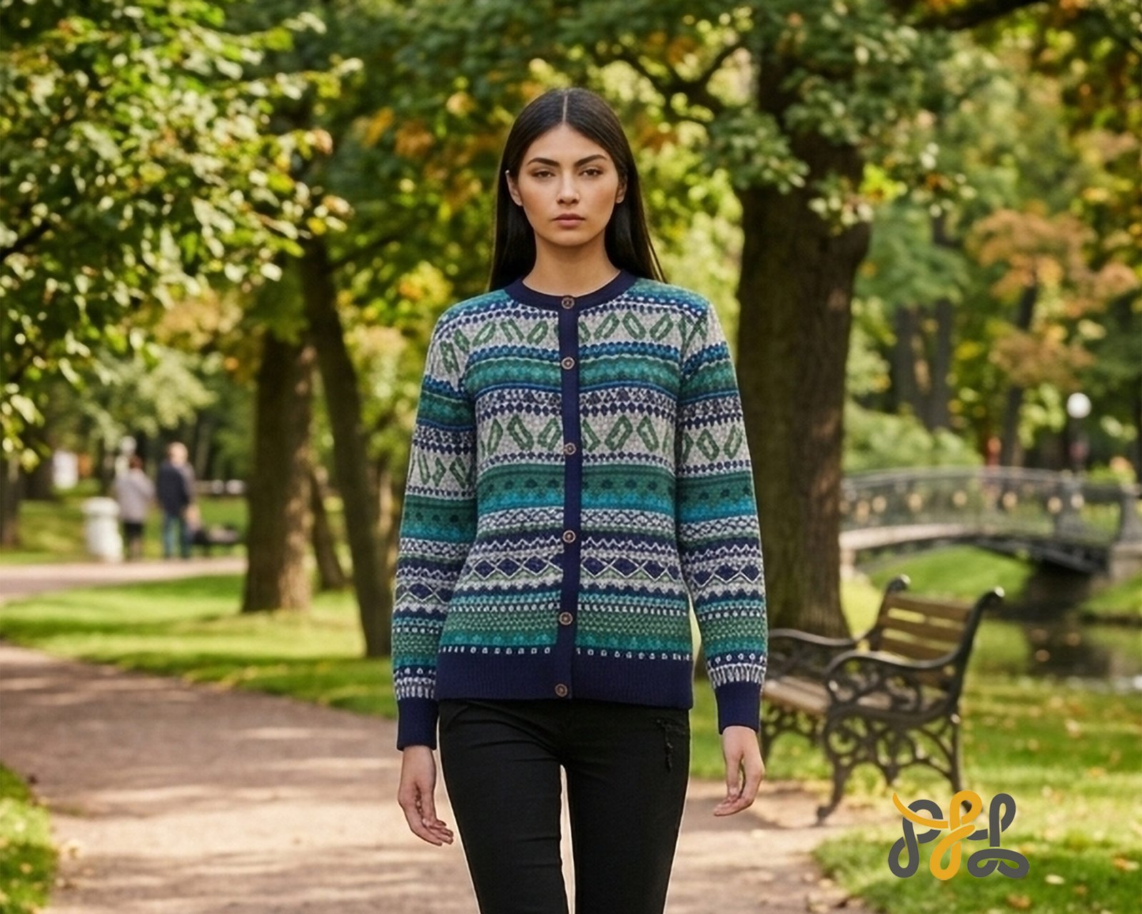 Alpaca cardigan jacquard knitted with all over pattern, crew neck. made in Peru by PFL knitwear