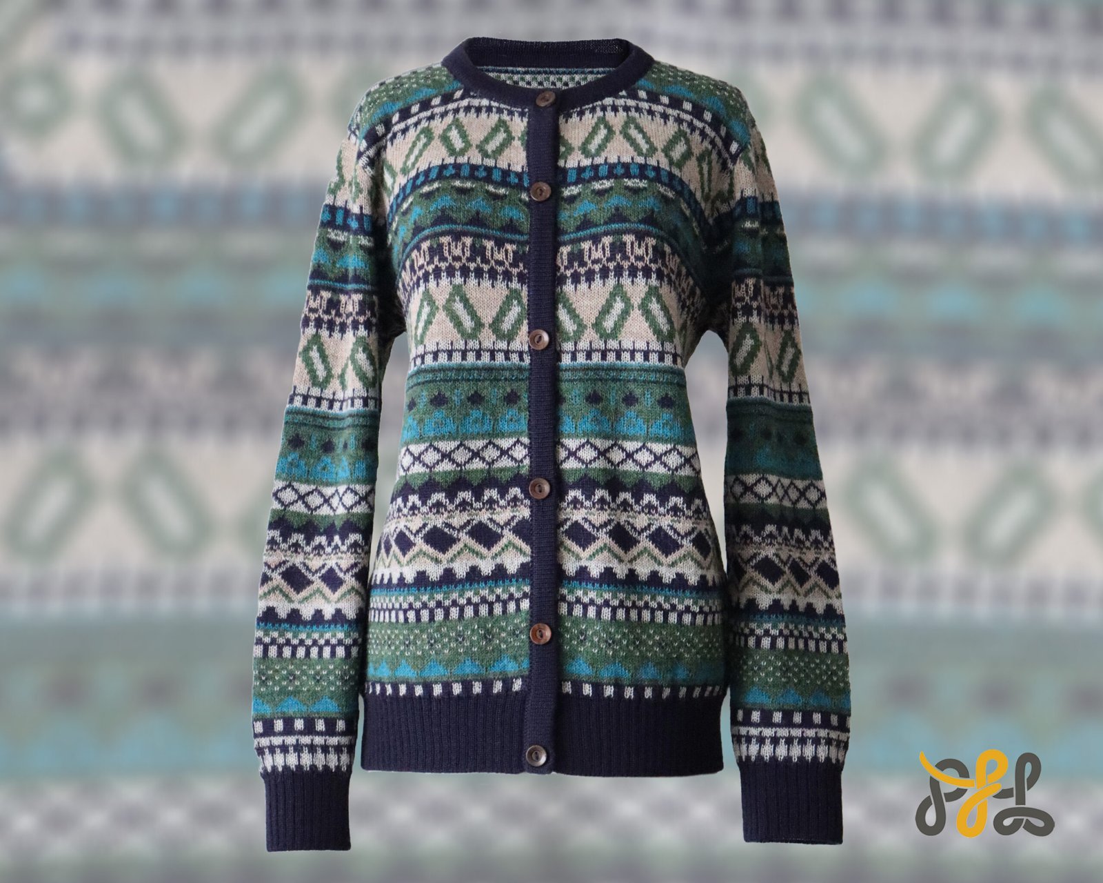 Alpaca cardigan jacquard knitted with all over pattern, crew neck. made in Peru by PFL knitwear