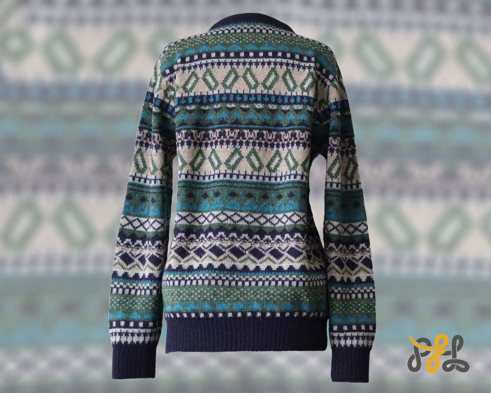 Alpaca cardigan jacquard knitted with all over pattern, crew neck. made in Peru by PFL knitwear