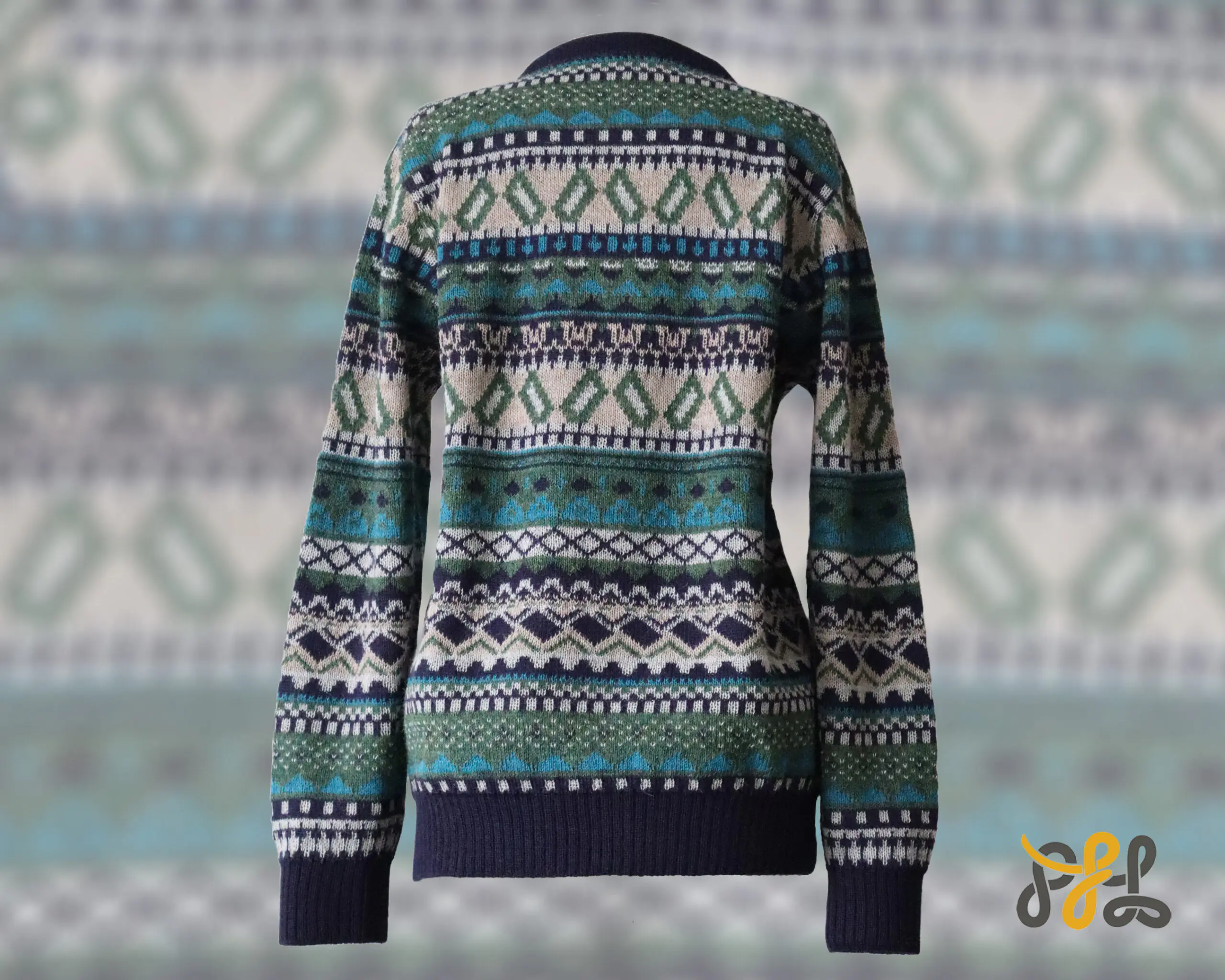 Alpaca cardigan jacquard knitted with all over pattern, crew neck. made in Peru by PFL knitwear