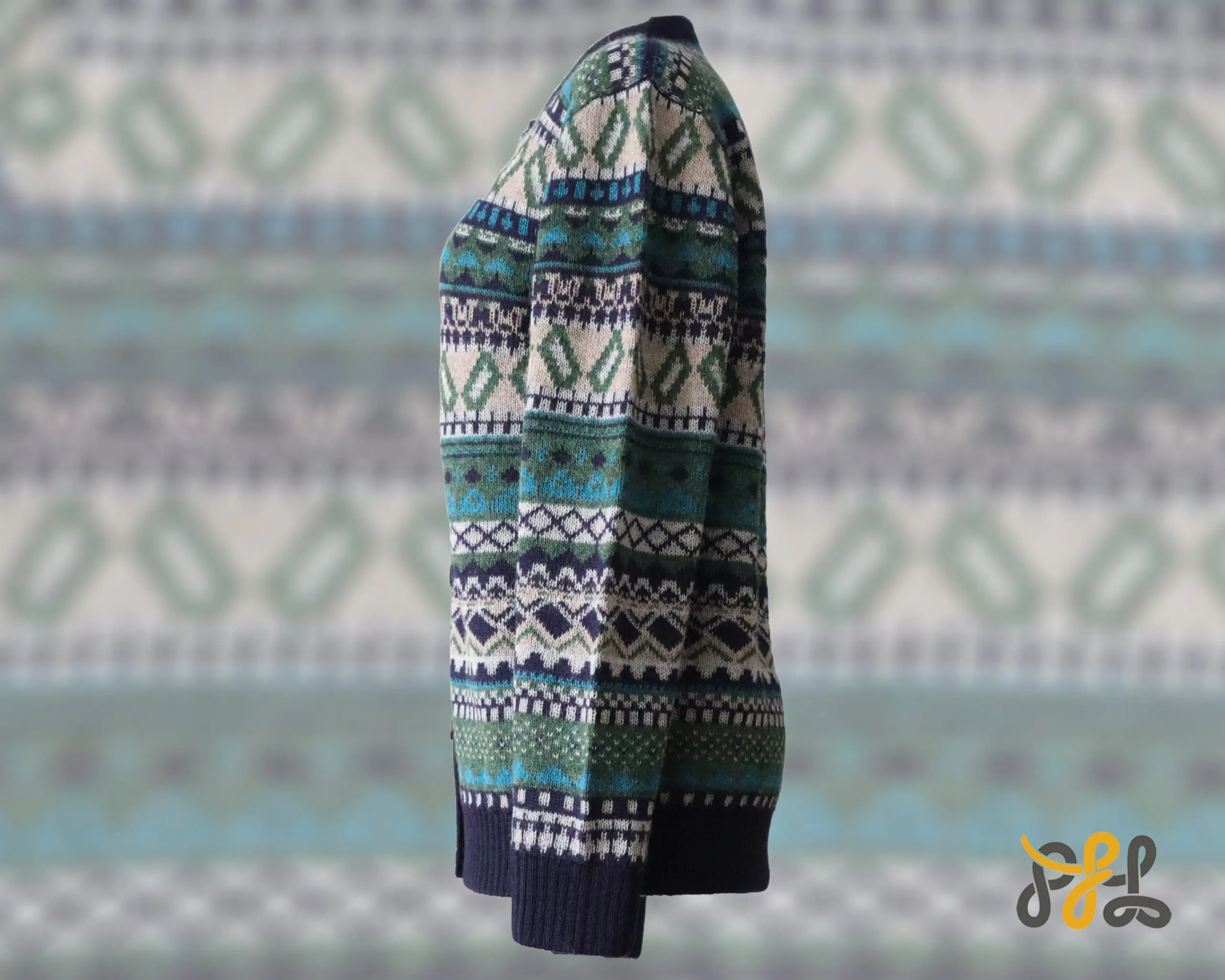 Alpaca cardigan jacquard knitted with all over pattern, crew neck. made in Peru by PFL knitwear