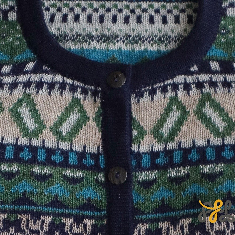 Alpaca cardigan jacquard knitted with all over pattern, crew neck. made in Peru by PFL knitwear
