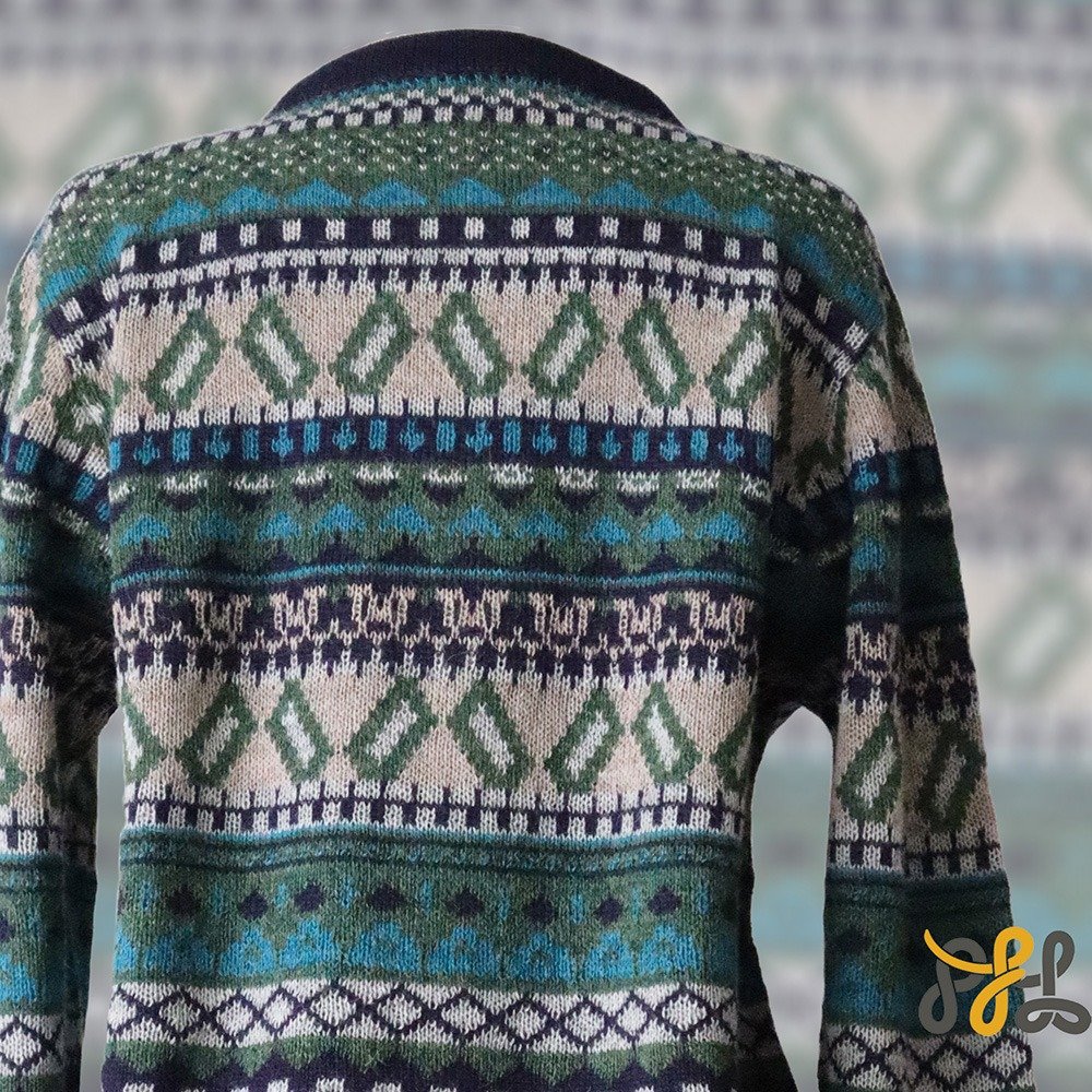 Alpaca cardigan jacquard knitted with all over pattern, crew neck. made in Peru by PFL knitwear