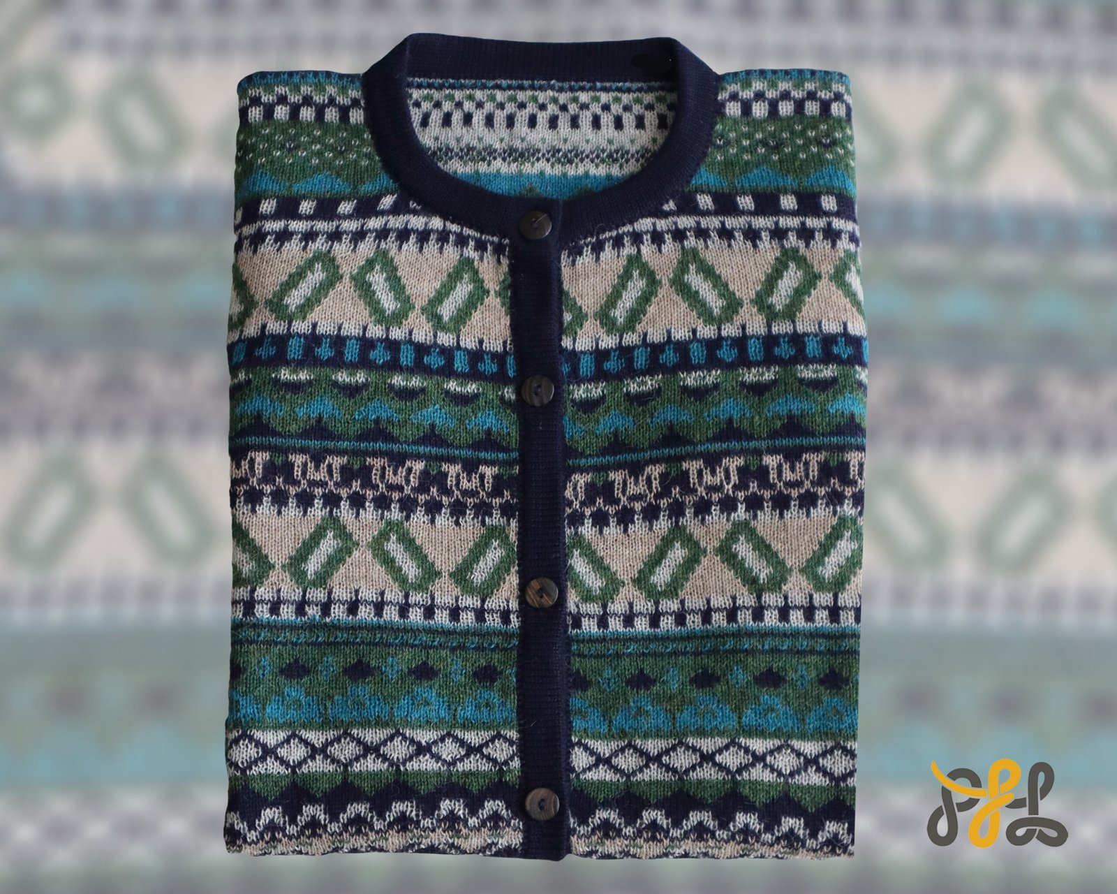 Alpaca cardigan jacquard knitted with all over pattern, crew neck. made in Peru by PFL knitwear