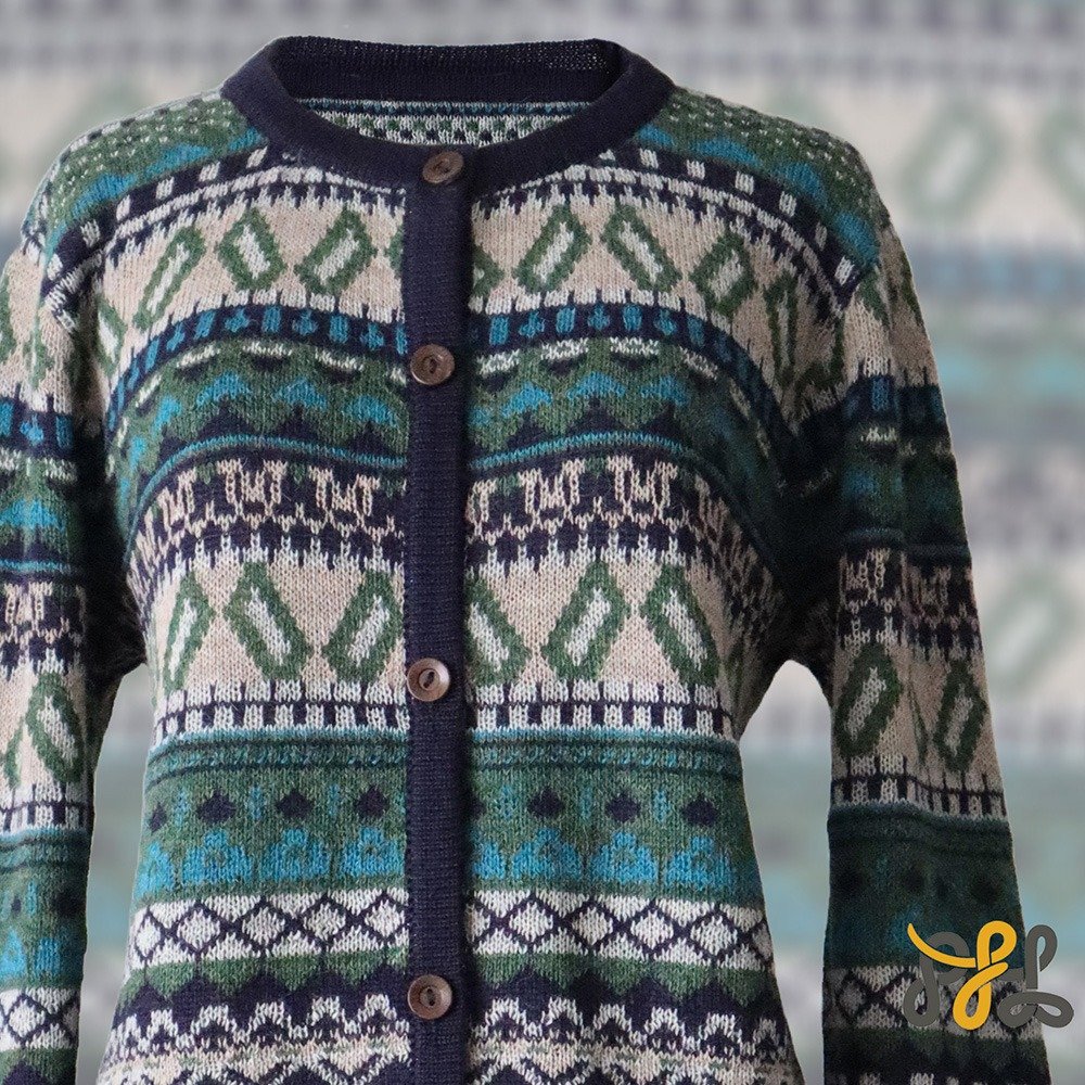 Alpaca cardigan jacquard knitted with all over pattern, crew neck. made in Peru by PFL knitwear