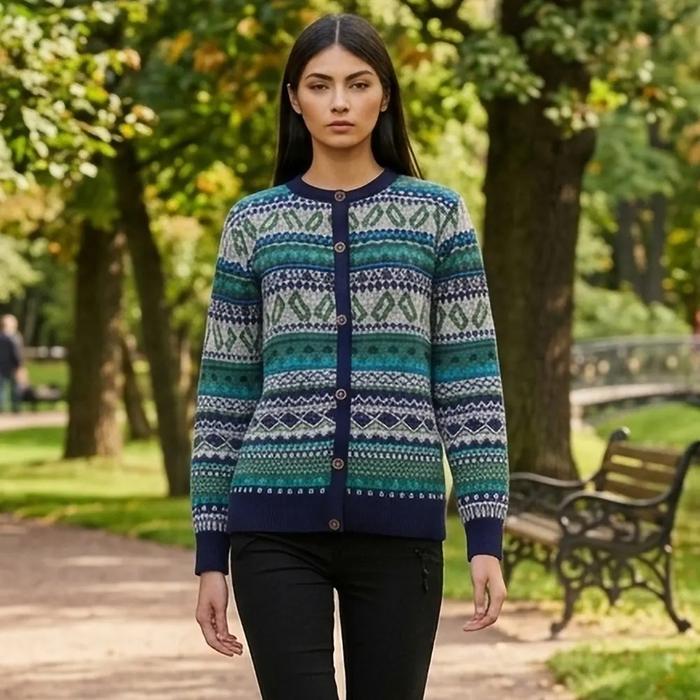 Alpaca cardigan jacquard knitted with all over pattern, crew neck. made in Peru by PFL knitwear