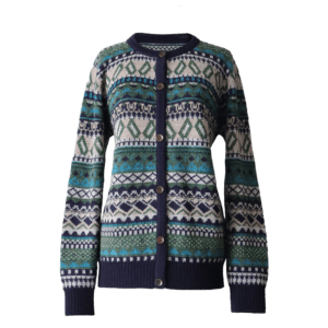 Alpaca cardigan jacquard knitted with all over pattern, crew neck. made in Peru by PFL knitwear