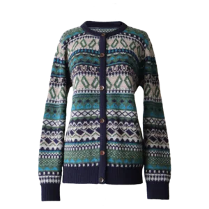 Alpaca cardigan jacquard knitted with all over pattern, crew neck. made in Peru by PFL knitwear