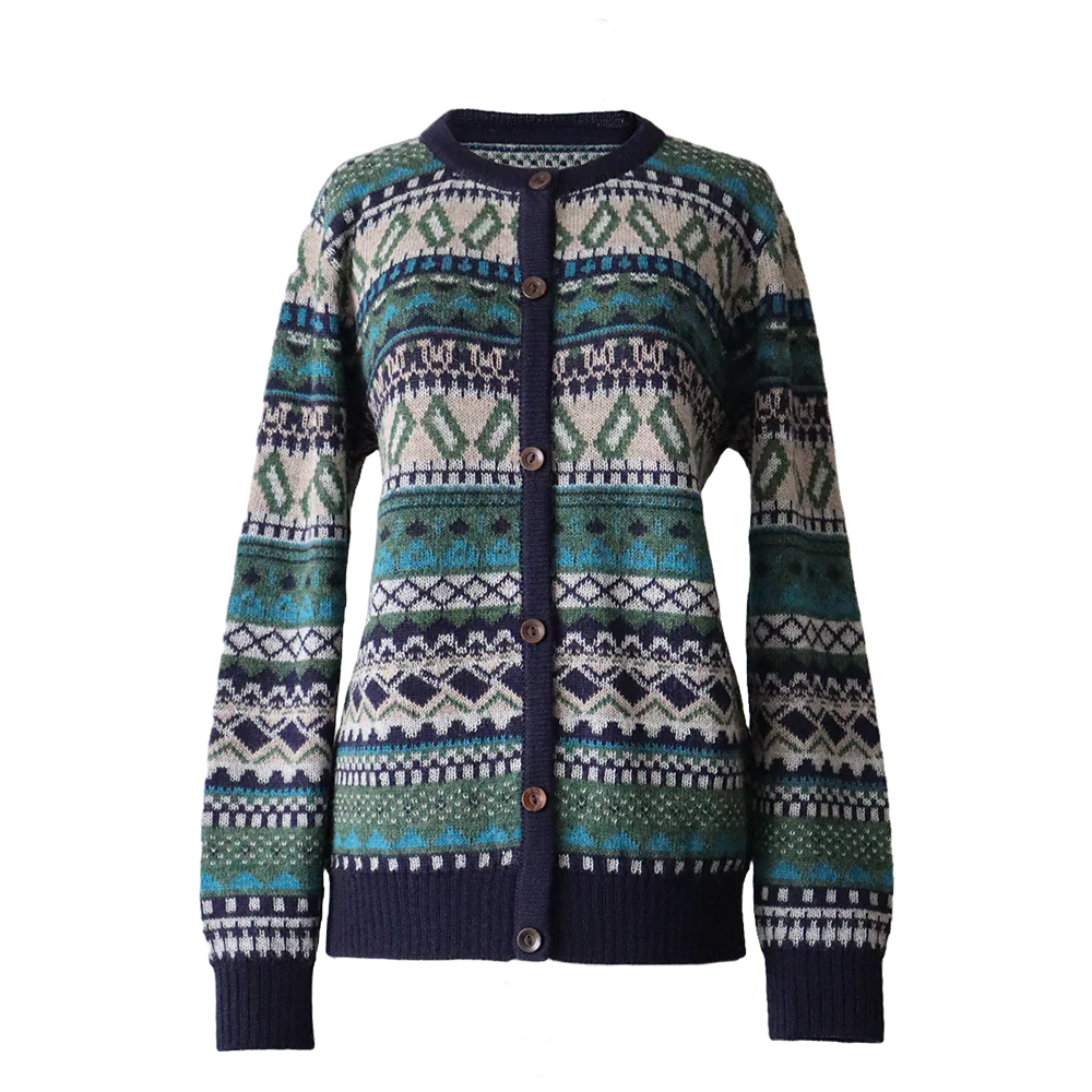 Alpaca cardigan jacquard knitted with all over pattern, crew neck. made in Peru by PFL knitwear