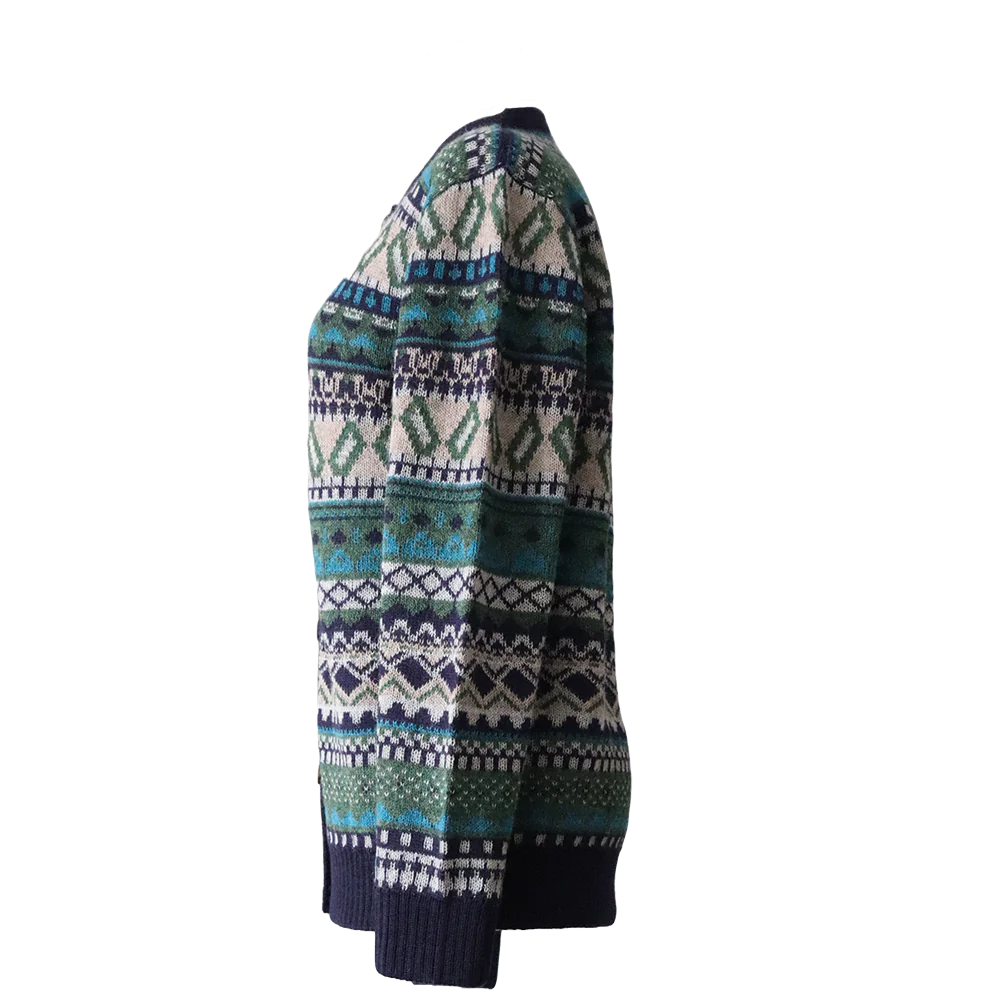 Alpaca cardigan jacquard knitted with all over pattern, crew neck. made in Peru by PFL knitwear