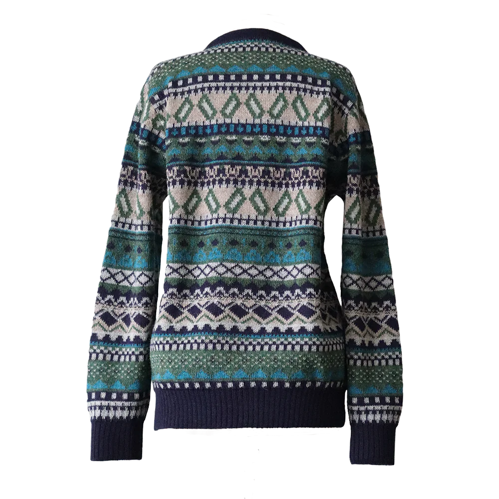 Alpaca cardigan jacquard knitted with all over pattern, crew neck. made in Peru by PFL knitwear