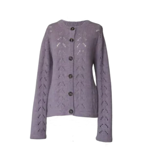 Cardigan baby alpaca, vest with button closure with knitted-in pattern, color Lilac. made in peru by PFL knitwear.