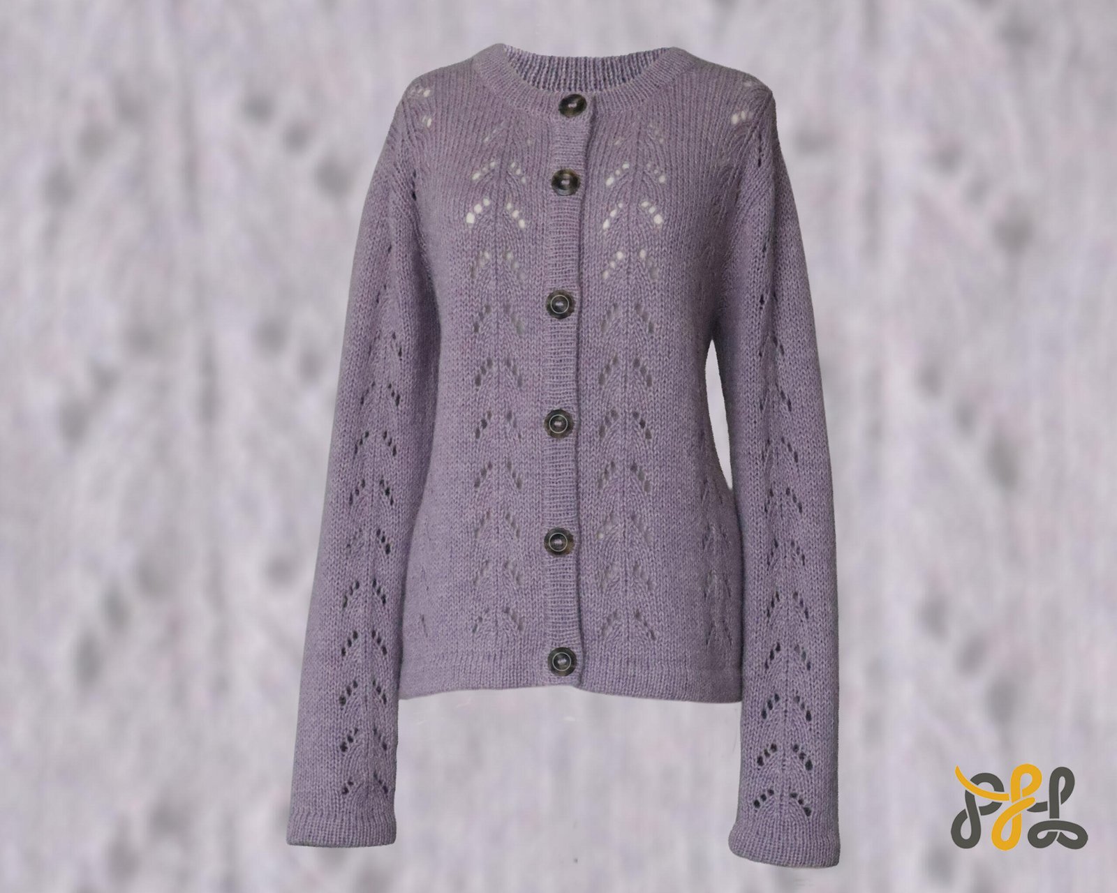Cardigan baby alpaca, vest with button closure with knitted-in pattern, color Lilac. made in peru by PFL knitwear.