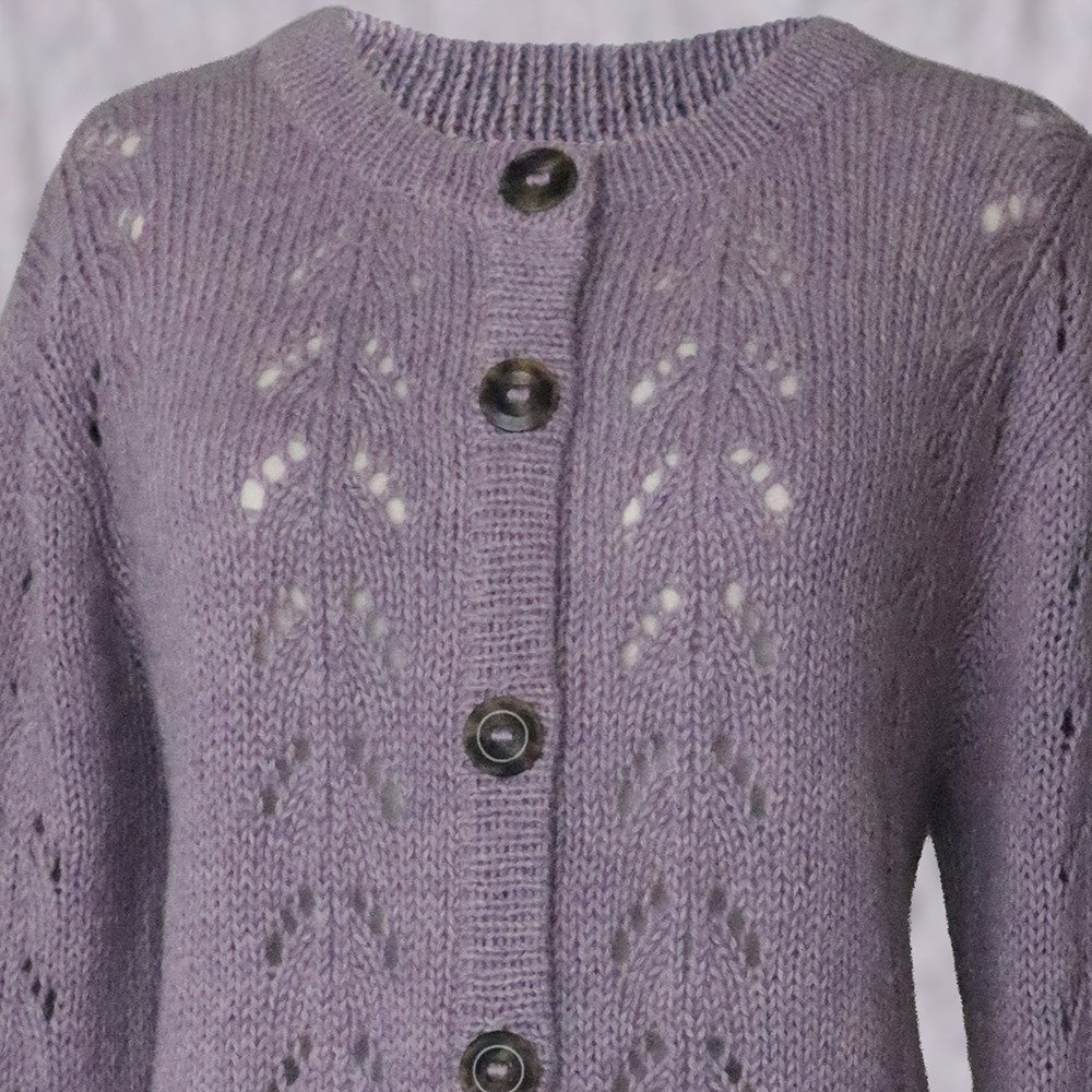 Cardigan baby alpaca, vest with button closure with knitted-in pattern, color Lilac. made in peru by PFL knitwear.