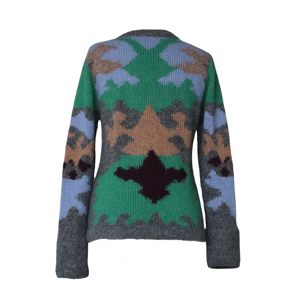 Cardigan Suri alpaca multi color pattern and crew neck, soft and warm made in Peru by PFL knitwear