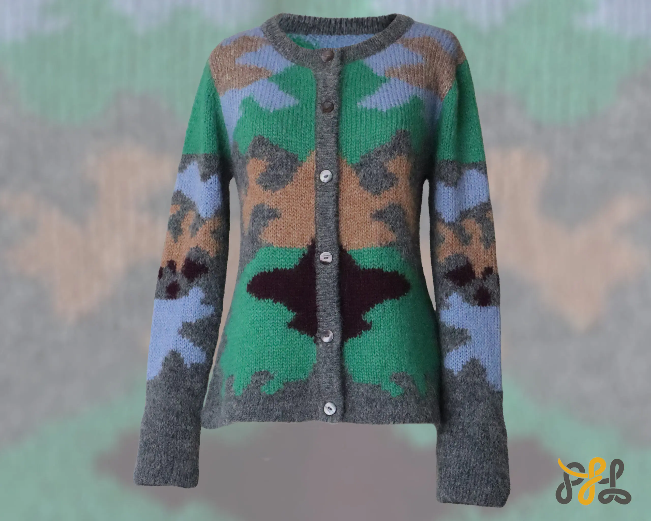 Cardigan Suri alpaca multi color pattern and crew neck, soft and warm made in Peru by PFL knitwear Cardigan Suri alpaca multi color pattern and crew neck, soft and warm made in Peru by PFL knitwear