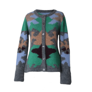 Cardigan Suri alpaca multi color pattern and crew neck, soft and warm made in Peru by PFL knitwear