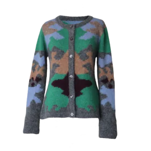 Cardigan Suri alpaca multi color pattern and crew neck, soft and warm made in Peru by PFL knitwear