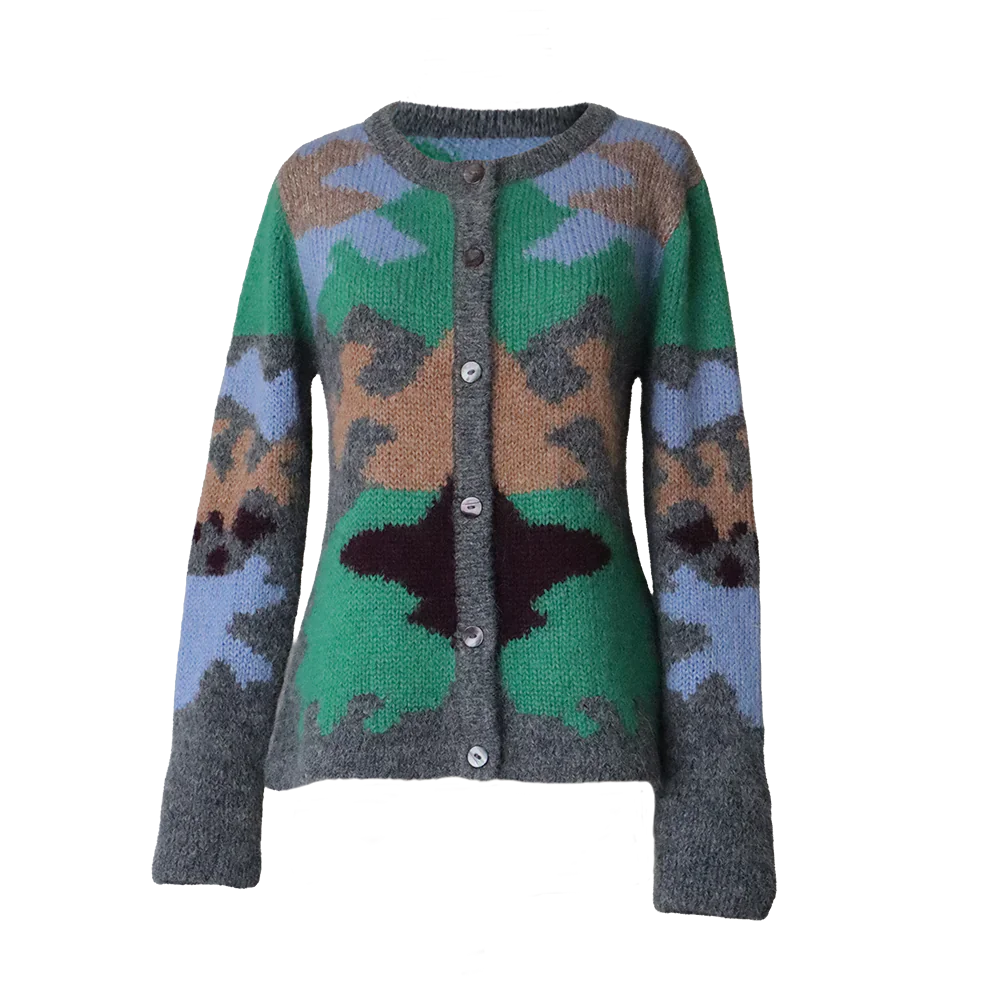Cardigan Suri alpaca multi color pattern and crew neck, soft and warm made in Peru by PFL knitwear