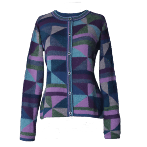 PFLknitwear.com Cardigan baby alpaca 100% multi color geometric pattern and crew neck, hand Intarsia knitted. Made in Peru