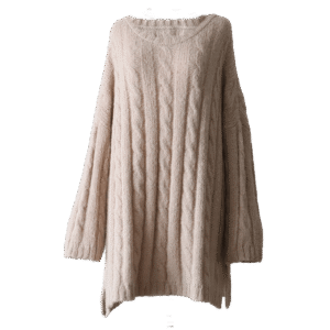 Suri Alpaca Sweater, with cable pattern side splits and crew neck, color oatmeal. Made in Peru by PFL knitwear