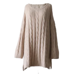 Suri Alpaca Sweater, with cable pattern side splits and crew neck, color oatmeal. Made in Peru by PFL knitwear