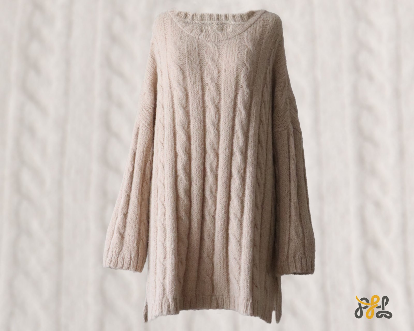Suri Alpaca Sweater, with cable pattern side splits and crew neck, color oatmeal. Made in Peru by PFL knitwear