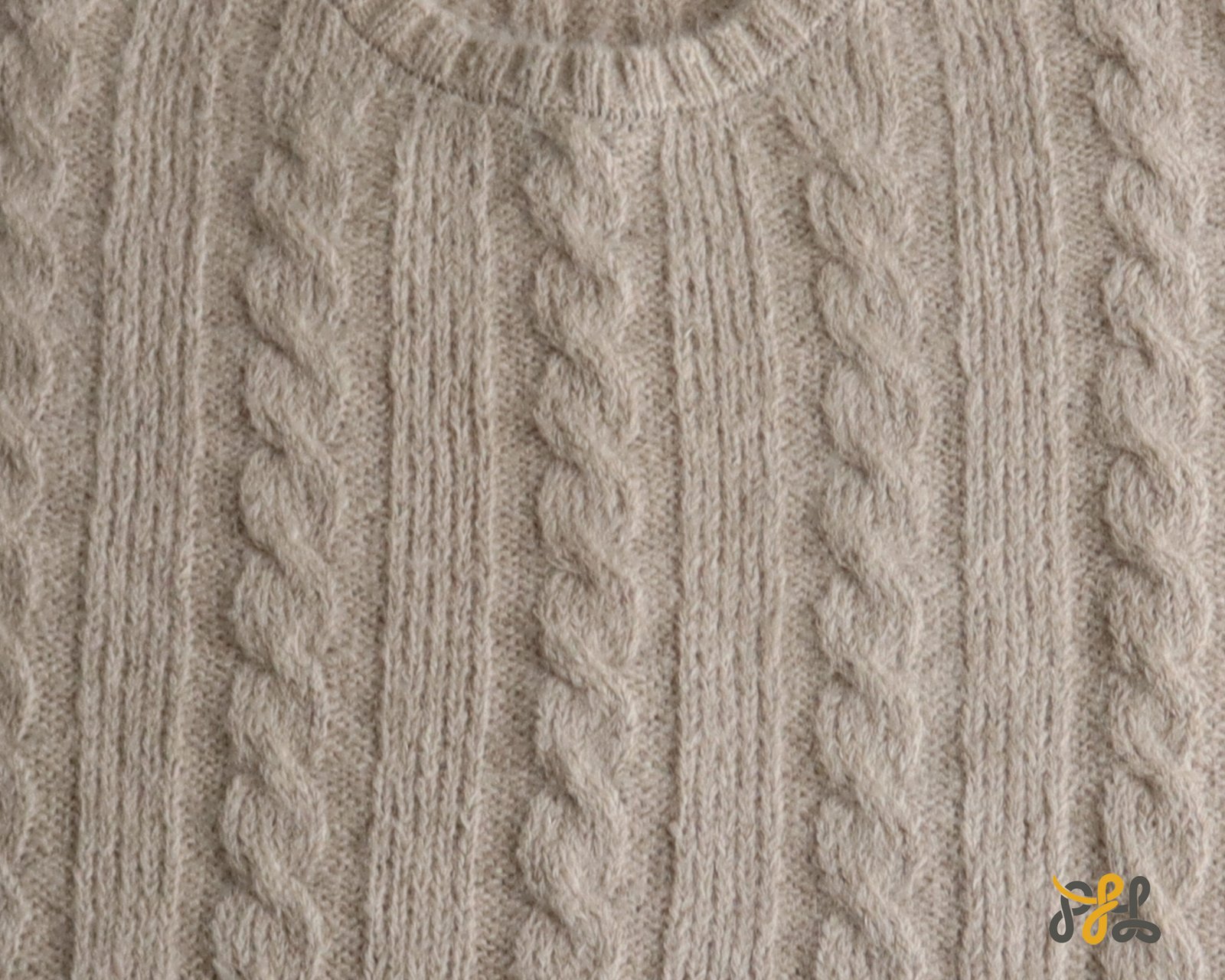 Suri Alpaca Sweater, with cable pattern side splits and crew neck, color oatmeal. Made in Peru by PFL knitwear