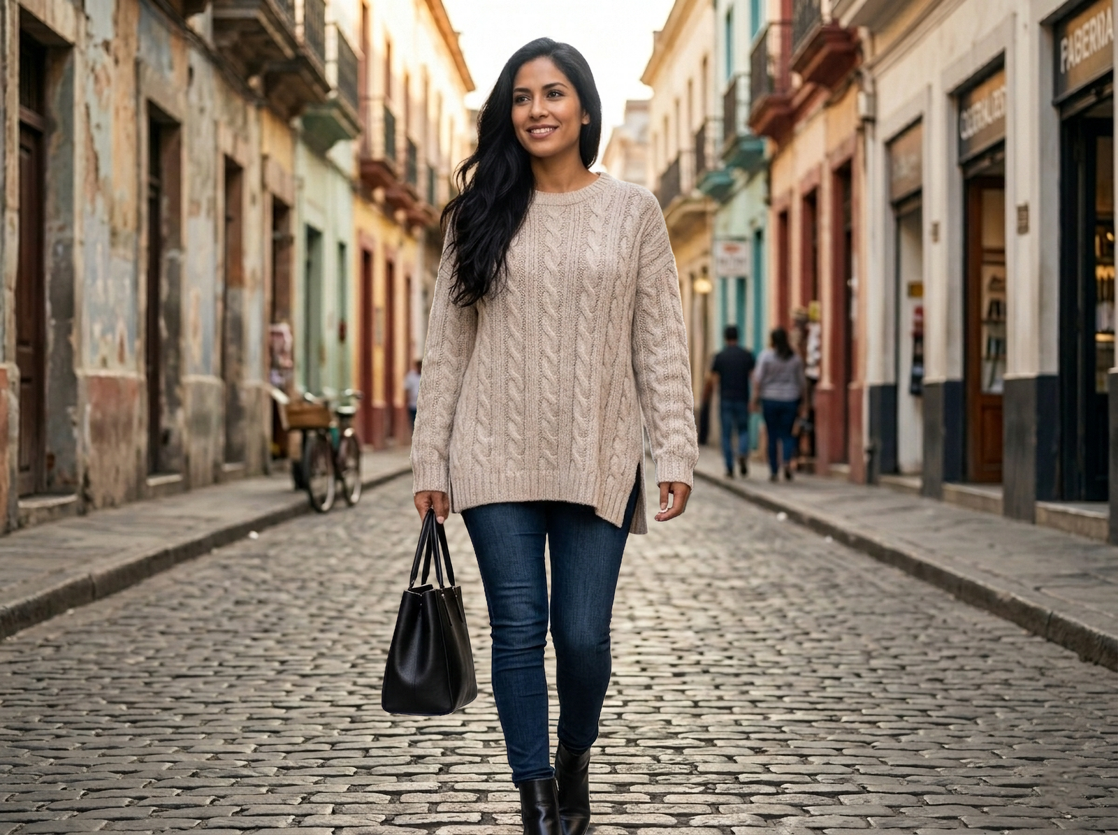 Suri Alpaca Sweater, with cable pattern side splits and crew neck, color oatmeal. Made in Peru by PFL knitwear