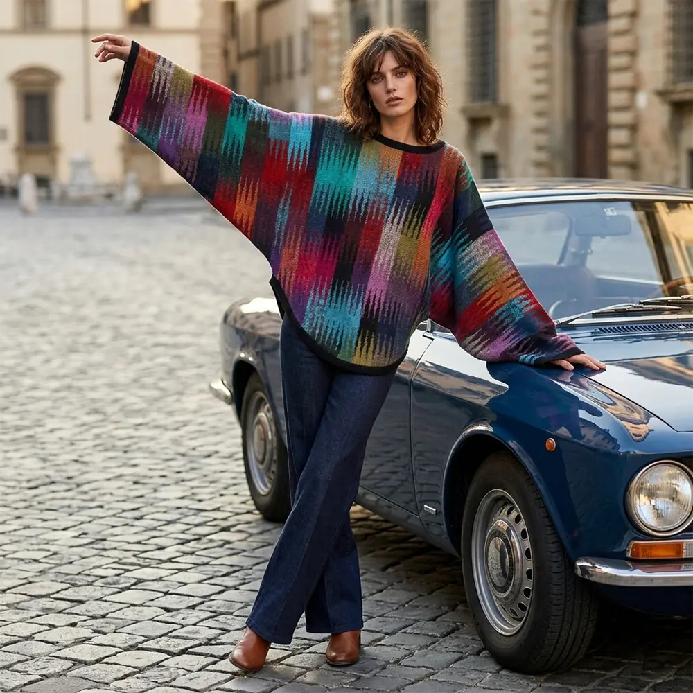 Alpaca sweater, multi color oversized bat wing Sleeve Pullover, Elevated Boho Chic. Made in Peru by PFL knitwear