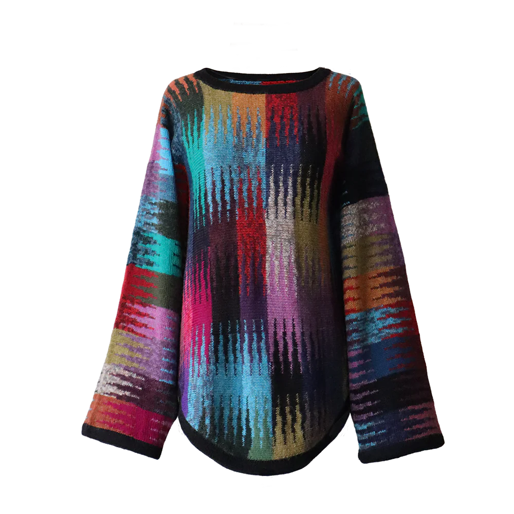 Alpaca sweater, multi color oversized bat wing Sleeve Pullover, Elevated Boho Chic. Made in Peru by PFL knitwear