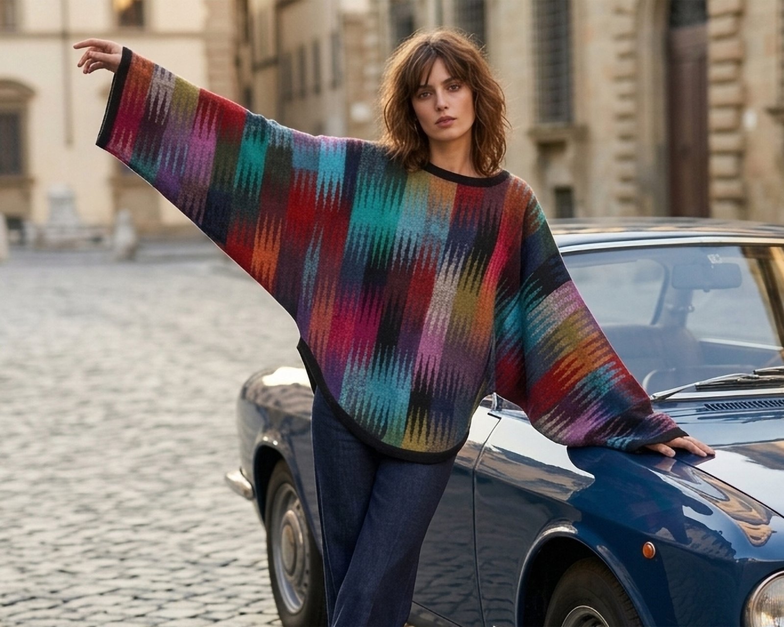 Alpaca sweater, multi color oversized bat wing Sleeve Pullover, Elevated Boho Chic. Made in Peru by PFL knitwear
