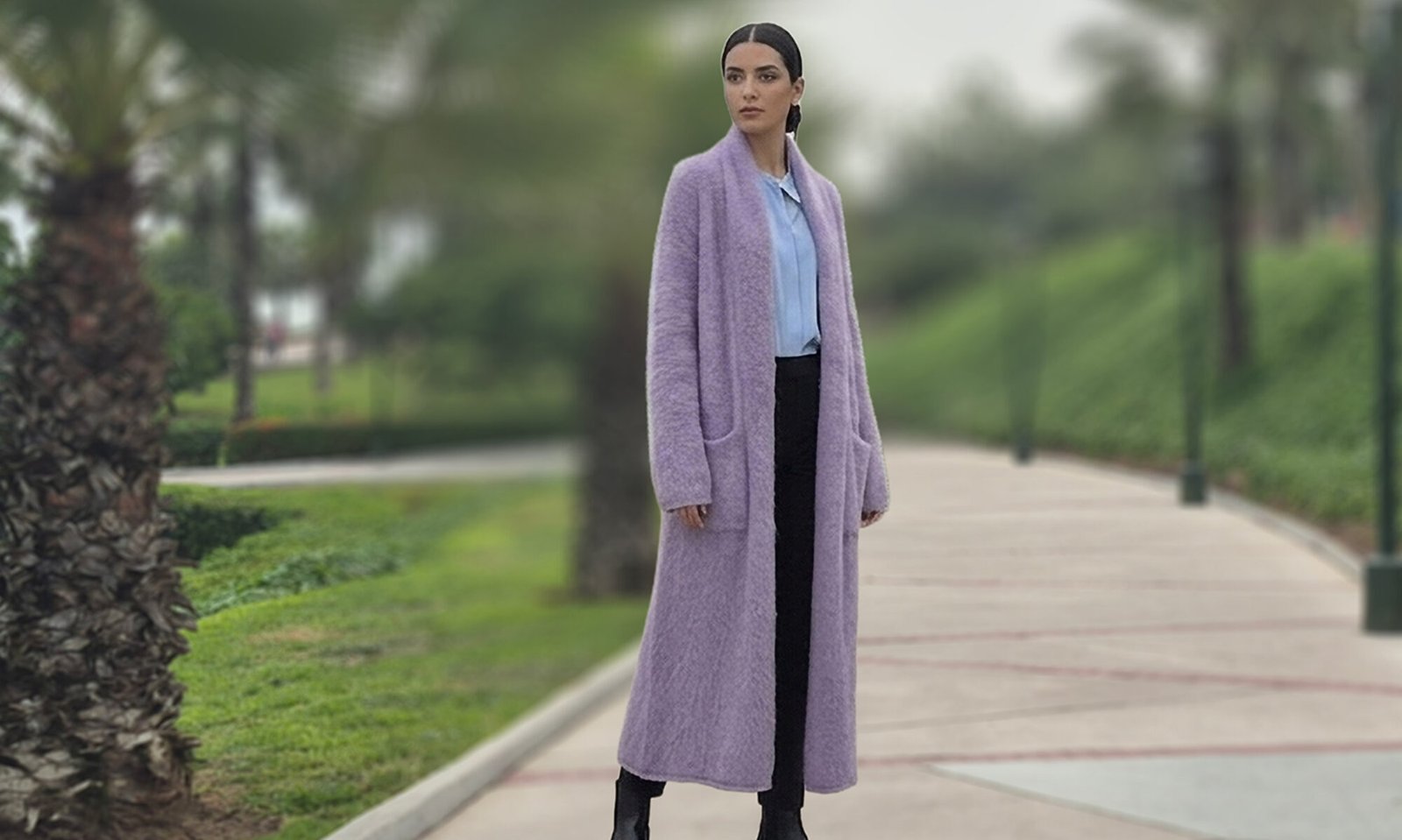 Cardigan Coat Suri Alpaca Oversized Shawl Collar Hand Knitted color Lilac. Made in Peru by PFL knitwear