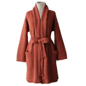 PFLknitwear.com Cardigan alpaca 93% alpaca NON hooded model with belt, color orange coral melange. made in Peru