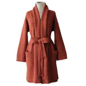 PFLknitwear.com Cardigan alpaca 93% alpaca NON hooded model with belt, color orange coral melange. made in Peru