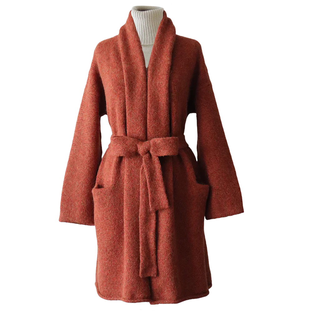 PFLknitwear.com Cardigan alpaca 93% alpaca NON hooded model with belt, color orange coral melange. made in Peru PFLknitwear.com Cardigan alpaca 93% alpaca NON hooded model with belt, color orange coral melange. made in Peru