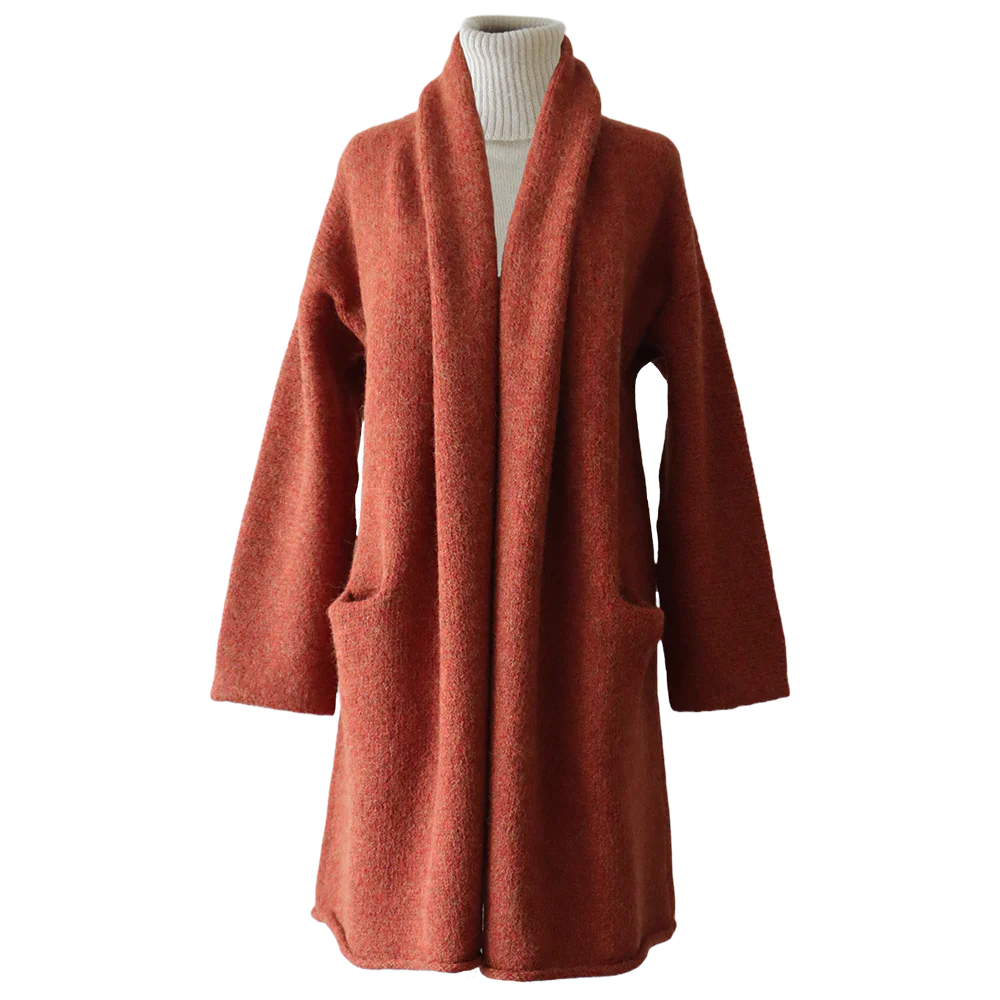 PFLknitwear.com Cardigan alpaca 93% alpaca NON hooded model with belt, color orange coral melange. made in Peru PFLknitwear.com Cardigan alpaca 93% alpaca NON hooded model with belt, color orange coral melange. made in Peru