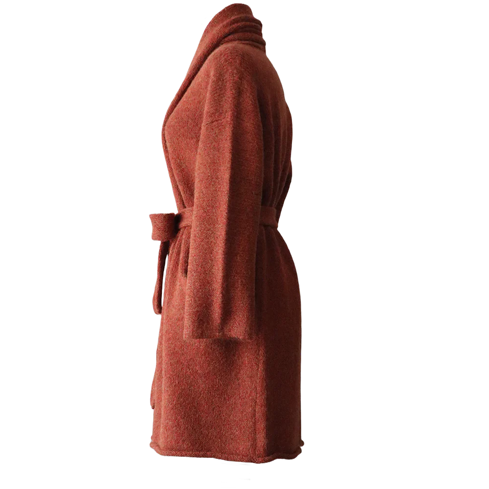 PFLknitwear.com Cardigan alpaca 93% alpaca NON hooded model with belt, color orange coral melange. made in Peru PFLknitwear.com Cardigan alpaca 93% alpaca NON hooded model with belt, color orange coral melange. made in Peru